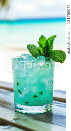 Refreshing mint mojito cocktail with ice on a tropical beachside table, AI Generative 121760675