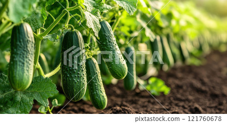 Fresh cucumbers thriving in a lush garden showcasing rich soil and vibrant leaves, AI Generative Fresh cucumbers thriving in a lush garden showcasing rich soil and vibrant leaves, AI Generative 121760678