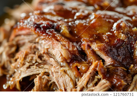 Juicy pulled pork with rich barbecue sauce in close up detail, AI Generative 121760731