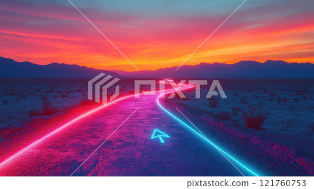 Surreal neon lit desert road with vibrant sunset sky guiding travelers, AI Generative 121760753