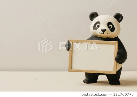 Panda holding a blank wooden frame in minimalist setting, AI Generative 121760773