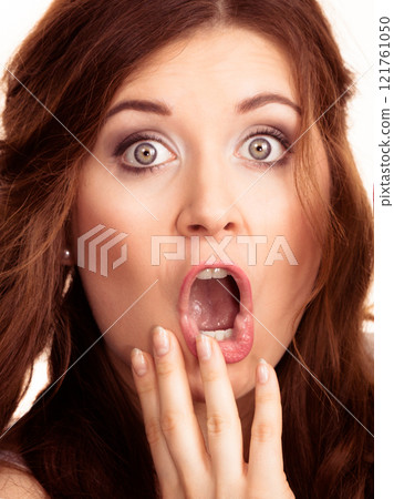 Shocked amazed woman gesturing with hands 121761050