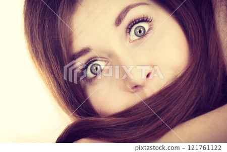 Woman having face covered with her brown hair 121761122