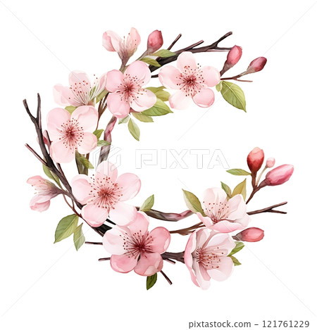 Watercolor peach blossom wreath creating delicate floral frame for vietnamese new year 121761229
