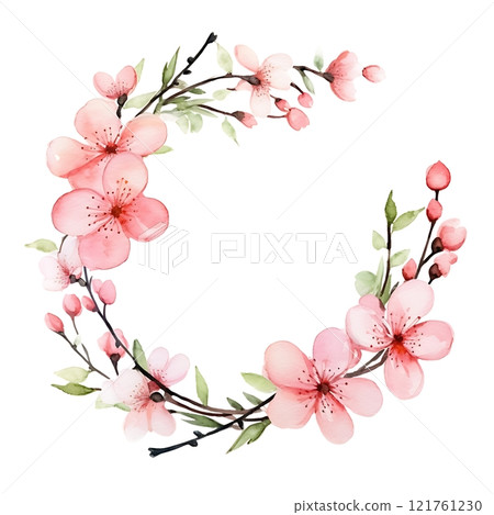 Watercolor peach blossom wreath creating delicate floral frame for vietnamese new year 121761230