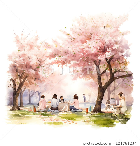 Couple enjoying hanami picnic under cherry blossoms by the lake 121761234