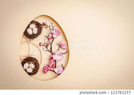 Top view pastel beige background with Easter decor Top view pastel beige background with Easter decor 121761257