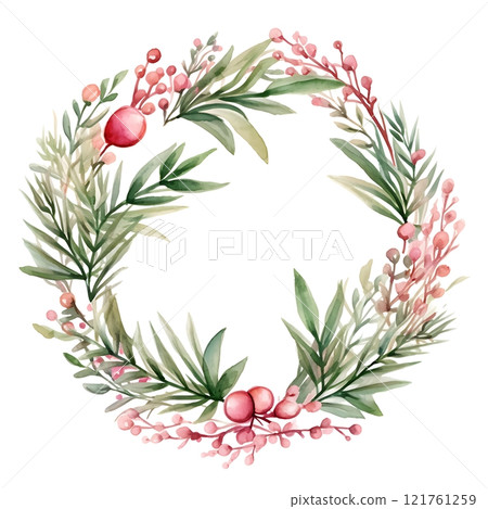 Christmas wreath watercolor illustration. 121761259