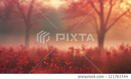 Reddish plants growing in foggy landscape at sunset 121761544