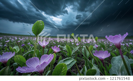 Heavy rain falling on purple flowers field during storm 121761548