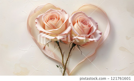 Two pink roses forming a heart shape with ribbon on textured background 121761601