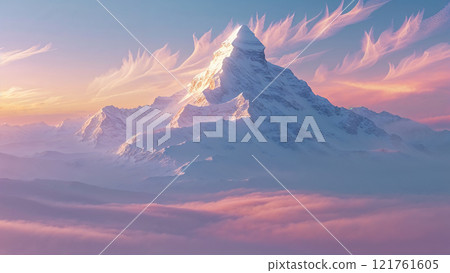 Majestic snow capped mountain peak piercing through colorful sunset clouds 121761605