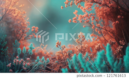 Surreal coral and turquoise plants growing in magical forest Surreal coral and turquoise plants growing in magical forest 121761613