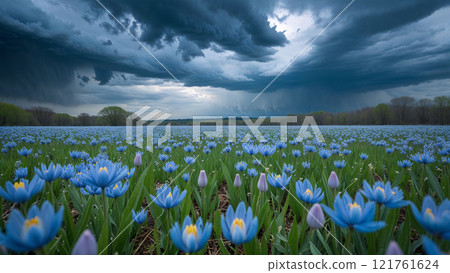 Storm clouds gathering over field of blue camassia flowers 121761624