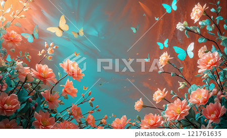 Colorful butterflies flying over blooming peach flowers in fantasy sky 121761635