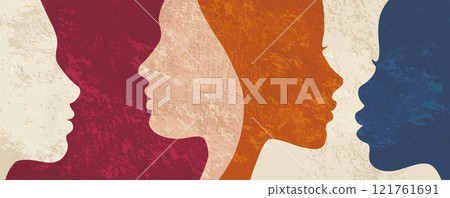 Communication group of multicultural diversity women and girls - face silhouette. Female social network community. Racial equality.Friendship. Colleagues. Women s day Communication group of multicultural diversity women and girls - face silhouette. Female social network community. Racial equality.Friendship. Colleagues. Women s day 121761691