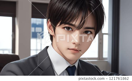 AI Handsome Man - Live-action style - A young Japanese man in a suit smiling at you from a window 121761862