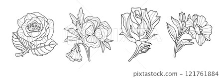 Blooming Flower and Lush Garden Flora Line Vector Set 121761884