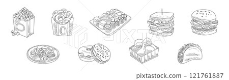 Fast Food and Appetizing Snack Sketch Drawing Vector Set Fast Food and Appetizing Snack Sketch Drawing Vector Set 121761887