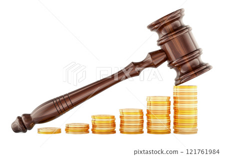 Wooden gavel with stacks of growing gold coins. 3D rendering 121761984