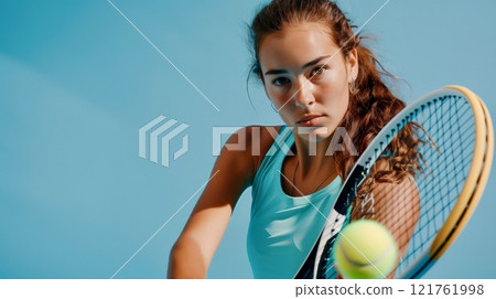 A young athlete prepares for a powerful tennis serve against a bright blue sky during an afternoon match 121761998