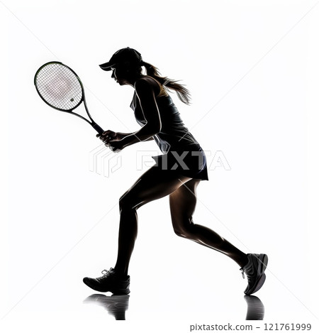A dynamic silhouette of a female tennis player in full swing during a competitive match at sunset in an outdoor court 121761999
