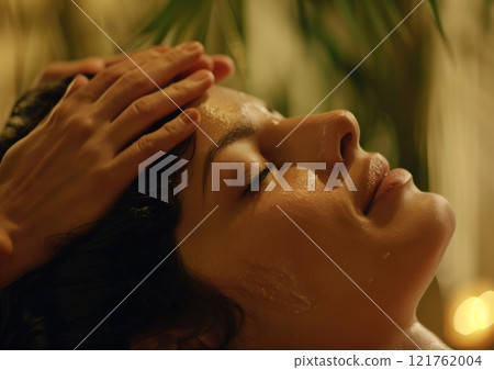 A woman relaxes as she receives a facial massage, surrounded by soothing plants and soft light in a calming spa atmosphere 121762004