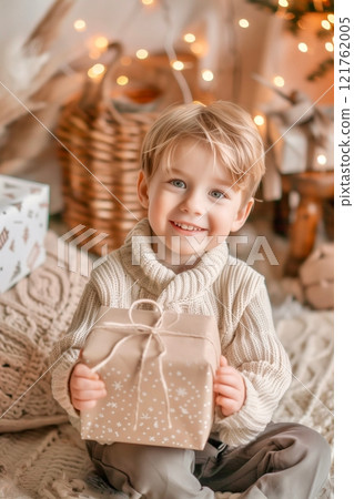 A young child smiles brightly while holding a beautifully wrapped gift, surrounded by winter decorations and warm lights 121762005