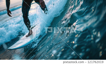 A surfer skillfully rides a wave as the sun sets, creating a picturesque moment of adrenaline and beauty along the shoreline 121762019
