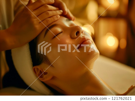 A woman receives a soothing facial massage while surrounded by soft lighting and a peaceful atmosphere 121762021