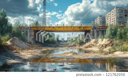 Yellow industrial bridge spanning a dry riverbed in an urban area with surrounding greenery and city buildings under a partly cloudy sky Yellow industrial bridge spanning a dry riverbed in an urban area with surrounding greenery and city buildings under a partly cloudy sky 121762050