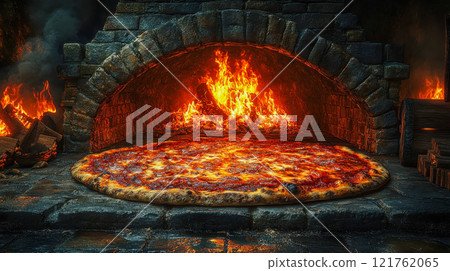 Traditional brick oven with flames roaring and a pizza topped with melted cheese and crispy crust inside 121762065