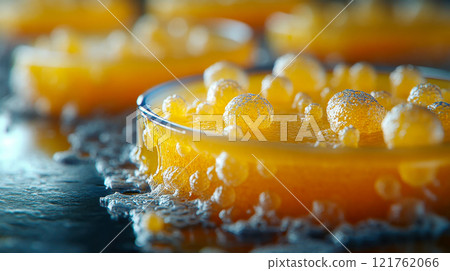 Petri dishes filled with vibrant bacterial cultures, photographed in high resolution with reflective lighting on a dark surface 121762066
