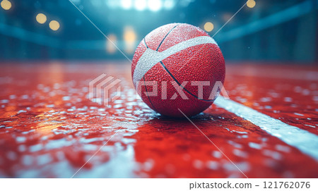 Wet basketball court with a bright ball in focus, set against a blurred, autumnal background with rich colors. Wet basketball court with a bright ball in focus, set against a blurred, autumnal background with rich colors. 121762076