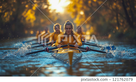 Team rowing on a tranquil river with golden sunlight reflecting off the water, surrounded by lush green trees 121762079