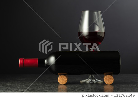 Bottle and glass of red wine on a black stone table. Bottle and glass of red wine on a black stone table. 121762149