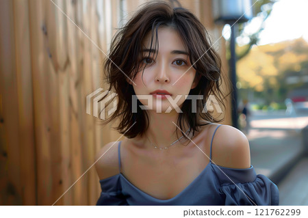 An adult woman with a wood grain background and a soft gaze An adult woman with a wood grain background and a soft gaze 121762299