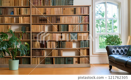 Bookshelf with many books in the background 121762305