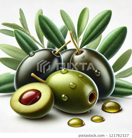 Delicious green olives with leaves, isolated on white background Delicious green olives with leaves, isolated on white background 121762327