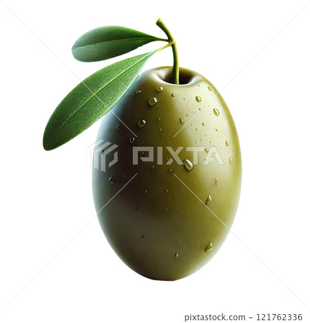 Delicious green olives with leaves, isolated on white background 121762336