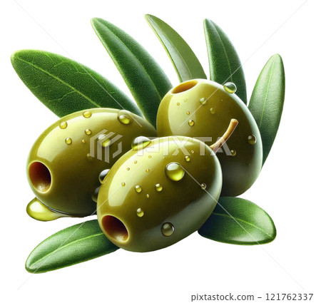 Delicious green olives with leaves, isolated on white background 121762337