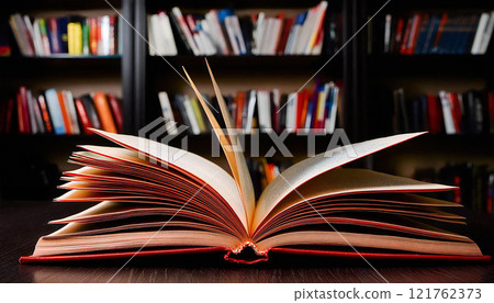 Open book and bookshelf Open book and bookshelf 121762373