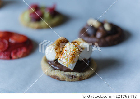Homemade american chocolate chip cookie with burnt marshmallows with other decorated cookies on background. 121762488