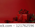 Valentine's day red gift box with roses and ribbons with copy space. Valentine's day background. Concept of love 121762596