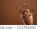Side view of mocha or chocolate mousse dessert with smooth texture with crushed chocolate pieces in motion, soft brown background. Color trend concept, color of the year 2025. Banner with copy space. 121762602