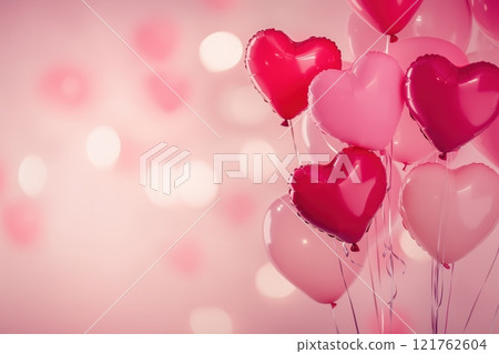 A Valentine's Day background with heart-shaped balloons in shades of pink. Valentine's day background. 121762604