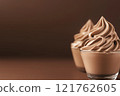 Side view of mocha or chocolate mousse dessert with smooth texture, soft brown background. Color trend concept, color of the year 2025. Banner with copy space. 121762605