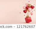 Valentine's day red gift box with golden ribbon and pink, red and golden heart shaped balloons surrounded by confetti on soft pink background with copy space. Festive Valentine's day background. 121762607