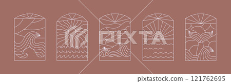 Retro style, bohemian simple linear surfing, ocean, sea badge, icon, design. Simple geometric surf camp, resort template, design frame set. 121762695