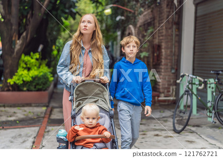 Mother with her two sons exploring lush streets of Condesa, Mexico City. Family adventure in a vibrant urban oasis. Travel, family bonding, and urban greenery concept in Latin America Mother with her two sons exploring lush streets of Condesa, Mexico City. Family adventure in a vibrant urban oasis. Travel, family bonding, and urban greenery concept in Latin America 121762721